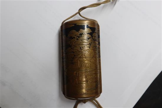 A 19th century Japanese gold lacquer five case inro, signed, together with an 18th/19th century ivory netsuke and a ojime